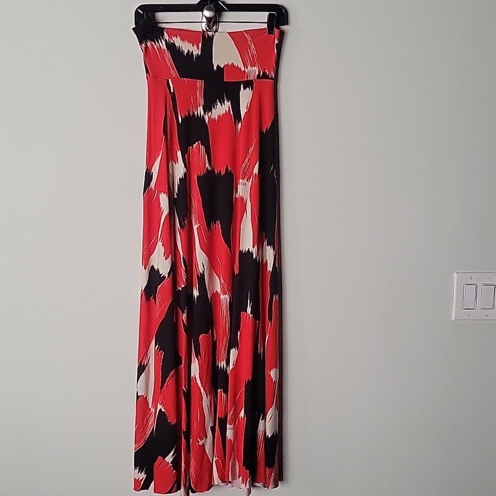 Rachel Pally XS Long Full Maxi Skirt Fold Over Waist Black Red Printed Jersey